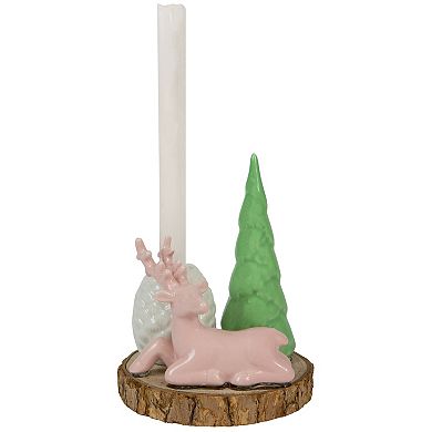 6" Pink Reindeer with Tree and Pine Cone Christmas Taper Candle Holder