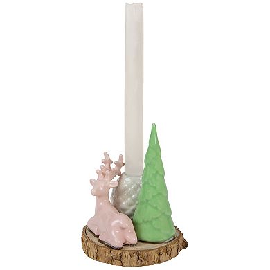 6" Pink Reindeer with Tree and Pine Cone Christmas Taper Candle Holder