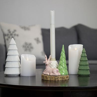 6" Pink Reindeer with Tree and Pine Cone Christmas Taper Candle Holder