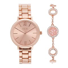 Folio Women's Gift Set; Rose Gold Tone Bracelet Watch, Clear Stone Case and Rose Gold Link Bracelet and Necklace with Heart Pendant(FMDAL1172), Size