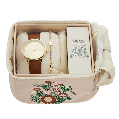 Folio Women's Brown Strap Watch, Bracelet & Jewelry Pouch Set