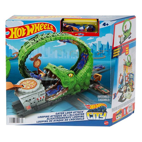 Mattel Hot Wheels Track Set With 1 Toy Car Gator Loop Pizza Place Playset