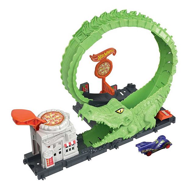 Mattel Hot Wheels Track Set With 1 Toy Car Gator Loop Pizza Place