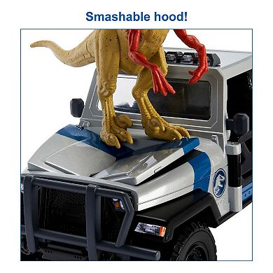 Mattel Jurassic World Smashable Truck With Atrociraptor Dinosaur & Human Figures