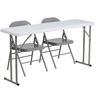 Emma and Oliver 5-Foot Plastic Folding Training Table Set with 2 Gray Metal Folding Chairs