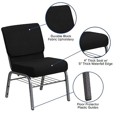 Emma and Oliver Auditorium Chair - Black Fabric/Silver Vein Frame - 21" Seat - Book Rack