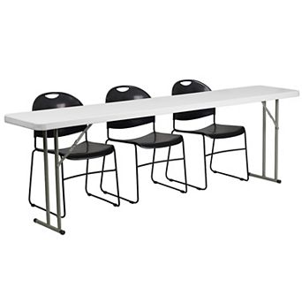 Emma and Oliver 8-Foot Plastic Folding Training Table Set with 3 Black Plastic Stack Chairs