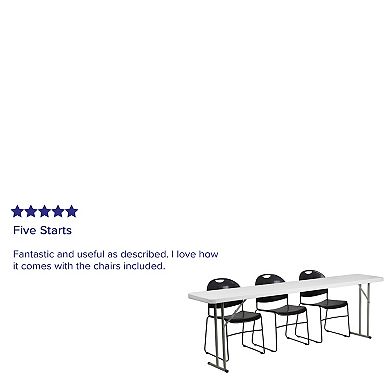 Emma and Oliver 8-Foot Plastic Folding Training Table Set with 3 Black Plastic Stack Chairs