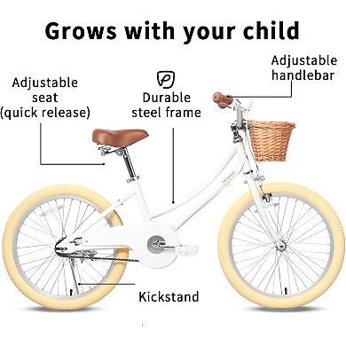 Petimini 18" Child Bicycle with Kickstand, Basket, and Training Wheels, White