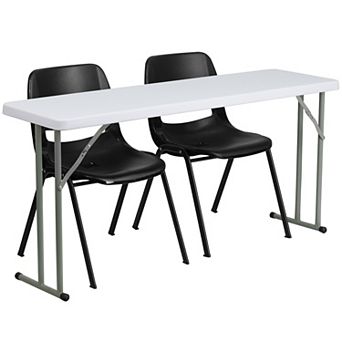 Emma and Oliver 5-Foot Plastic Folding Training Table Set with 2 Black Plastic Stack Chairs