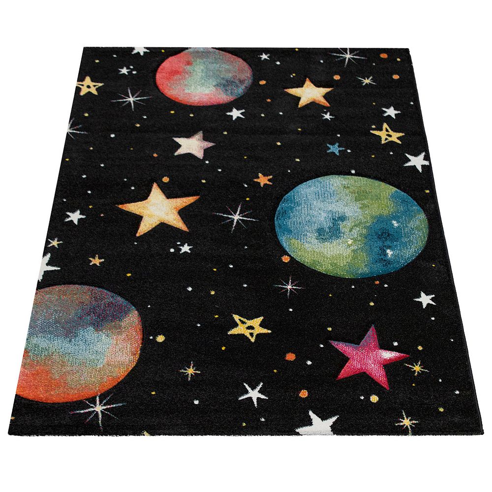 Kids Space Rug with Planet Earth and Stars in Black