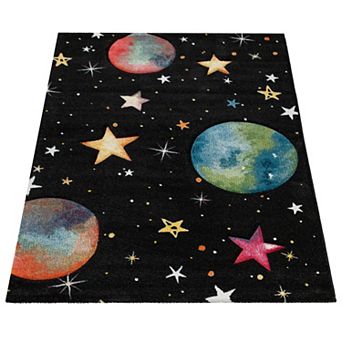 Kids Space Rug with Planet Earth and Stars in Black