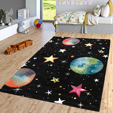 Kids Space Rug with Planet Earth and Stars in Black