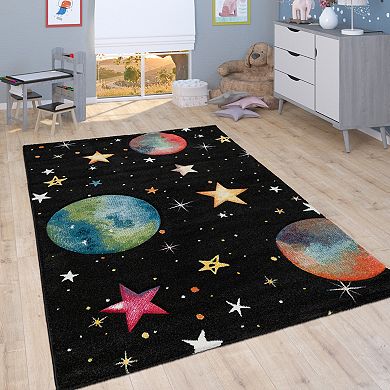 Kids Space Rug with Planet Earth and Stars in Black