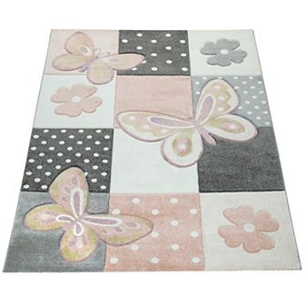 Kid´s Room Rug with Butterflies and pink Flowers in Pastel Colors