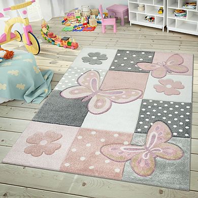 Kid´s Room Rug with Butterflies and pink Flowers in Pastel Colors