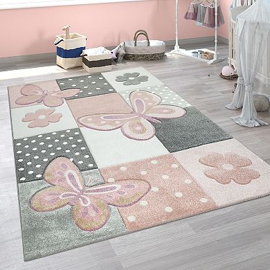 Kid´s Room Rug with Butterflies and pink Flowers in Pastel Colors