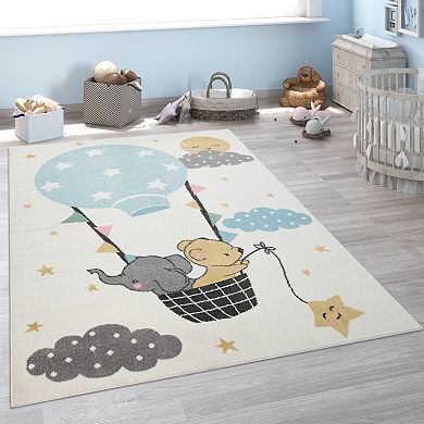 Kid´s Rug for Nursery Bear and Elephant Balloon Ride in Beige