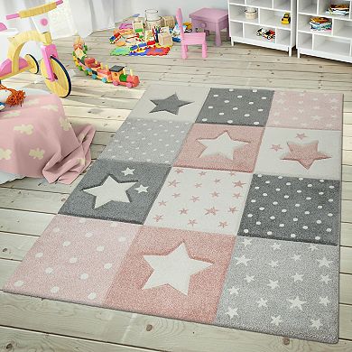 Kids Rug for Nursery Checkered with Stars in Pastel Colors