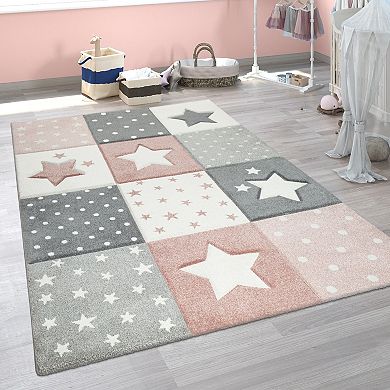 Kids Rug for Nursery Checkered with Stars in Pastel Colors