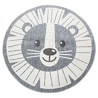 Kids Rug Happy Lion Motif Play-Mat Round with Contour Cut