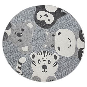 Round Kids Rug Cute Zoo Animals Play-Mat Carved in Mottled Grey