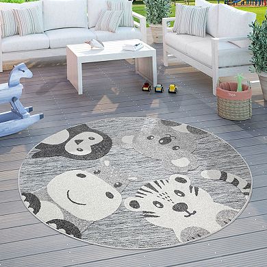 Round Kids Rug Cute Zoo Animals Play-Mat Carved in Mottled Grey