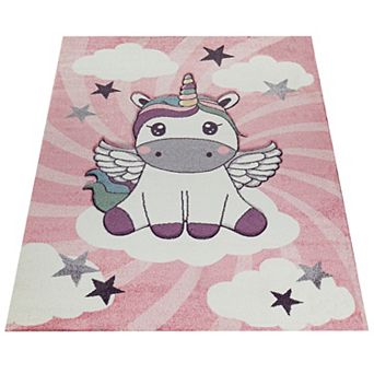 Kids Rug for with Baby Unicorn Motif in Pink Pastel