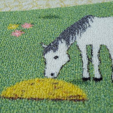 Kids Play Mat Rug Happy Horse Farm for Playroom in Green