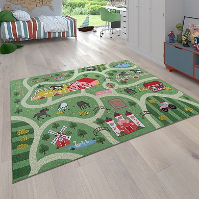 Kids Play Mat Rug Happy Horse Farm for Playroom in Green