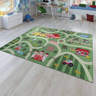 Kids Play Mat Rug Happy Horse Farm for Playroom in Green
