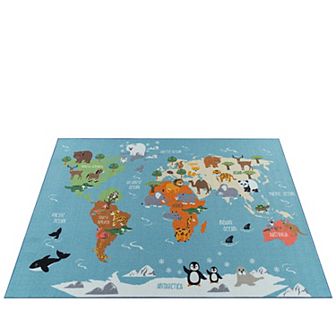 World Map Play Mat for Kids Educational Rug with Animals in Blue