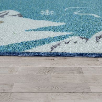 World Map Play Mat for Kids Educational Rug with Animals in Blue