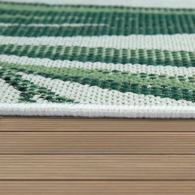 Green Beige Outdoor Rug with Palm Leaf Pattern for Patio or Balcony