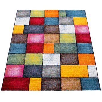 Colorful Living Room Rug with Geometric Squares, Multi-Colored