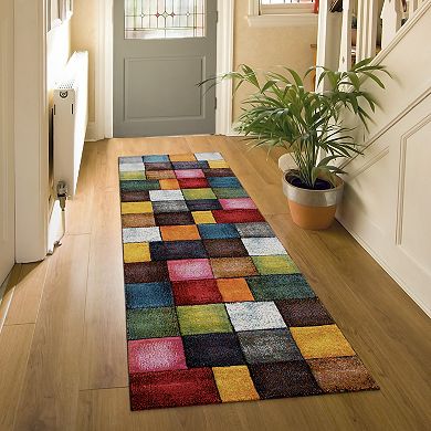 Colorful Living Room Rug with Geometric Squares, Multi-Colored