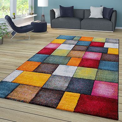 Colorful Living Room Rug with Geometric Squares, Multi-Colored