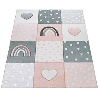 Kids Rug Checkered with Rainbows & Hearts in Pink White