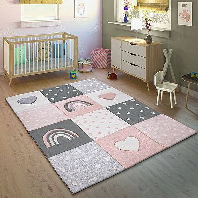 Kids Rug Checkered with Rainbows & Hearts in Pink White