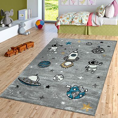 Space Rug for Kids Room with Astronaut Planets & Rockets in Grey