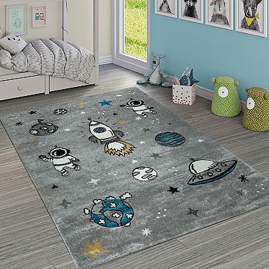 Space Rug for Kids Room with Astronaut Planets & Rockets in Grey