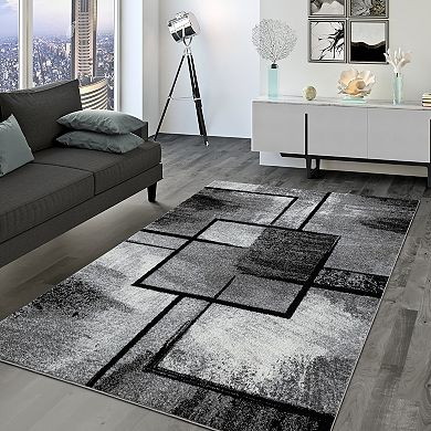 Black White Area Rug with Geometric Pattern and Modern Paint Effect