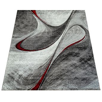 Grey Red Area Rug for Living Room Modern with Abstract Waves