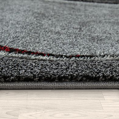 Grey Red Area Rug for Living Room Modern with Abstract Waves