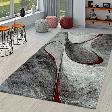 Grey Red Area Rug for Living Room Modern with Abstract Waves