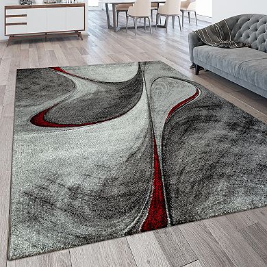 Grey Red Area Rug for Living Room Modern with Abstract Waves