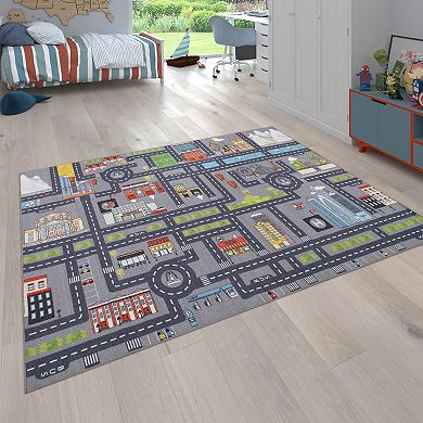 Play Rug for Nursery Cars Roads City Motif for Child's Room in Grey