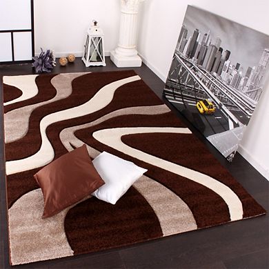 Designer Rug With Contour Cut And Modern Wave Pattern