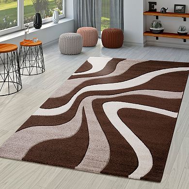 Designer Rug With Contour Cut And Modern Wave Pattern