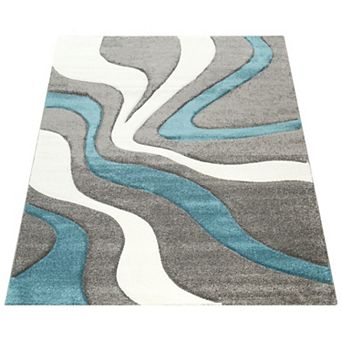 Designer Rug With Contour Cut And Modern Wave Pattern